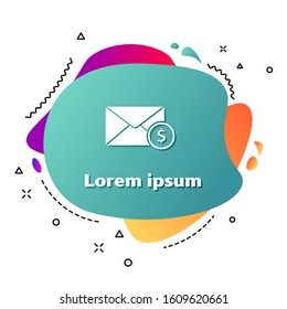 White Envelope with coin dollar symbol icon isolated on white background. Salary increase, money payroll, compensation income. Abstract banner with liquid shapes. Vector Illustration