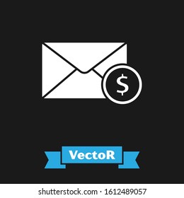 White Envelope with coin dollar symbol icon isolated on black background. Salary increase, money payroll, compensation income.  Vector Illustration