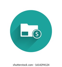 White Envelope with coin dollar symbol icon isolated with long shadow. Salary increase, money payroll, compensation income. Green circle button. Vector Illustration