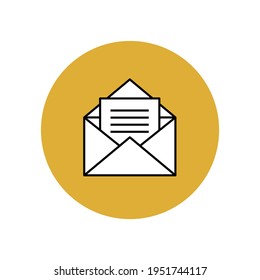 Sobre blanco y documento con contorno de icono negro en círculo amarillo. Entrega de correo urgente. Símbolo de servicio postal rápido para sitios web, aplicaciones. La carta de lectura. Gráficos vectoriales.