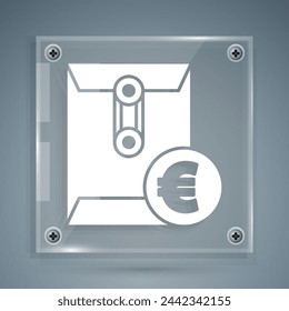 White Envelope with euro symbol icon isolated on grey background. Salary increase, money payroll, compensation income. Square glass panels. Vector Illustration