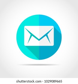 White envelope in flat design with long shadow. Vector illustration. Simple envelope icon on blue round button.