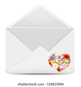 White Envelope With Flowers Heart With Gradient Mesh, Vector Illustration