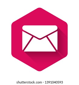 White Envelope icon isolated with long shadow. Email message letter symbol. Pink hexagon button. Vector Illustration
