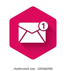 White Envelope icon isolated with long shadow. Received message concept. New, email incoming message, sms. Mail delivery service. Pink hexagon button. Vector Illustration