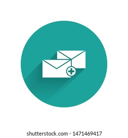 White Envelope icon isolated with long shadow. Received message concept. New, email incoming message, sms. Mail delivery service. Green circle button. Vector Illustration