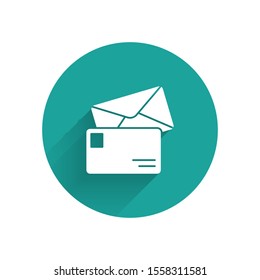 White Envelope icon isolated with long shadow. Email message letter symbol. Green circle button. Vector Illustration