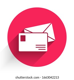 White Envelope icon isolated with long shadow. Email message letter symbol. Red circle button. Vector Illustration
