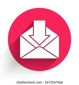 White Envelope icon isolated with long shadow. Received message concept. New, email incoming message, sms. Mail delivery service. Red circle button. Vector Illustration