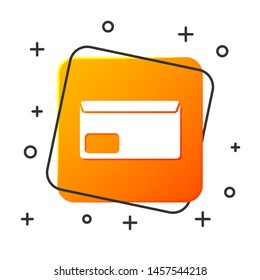 White Envelope icon isolated on white background. Email message letter symbol. Orange square button. Vector Illustration