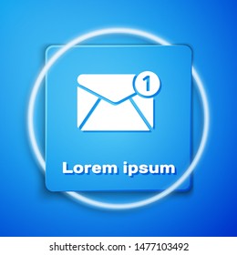 White Envelope icon isolated on blue background. Received message concept. New, email incoming message, sms. Mail delivery service. Blue square button. Vector Illustration