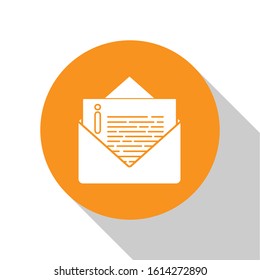 White Envelope icon isolated on white background. Email message letter symbol. Orange circle button. Vector Illustration