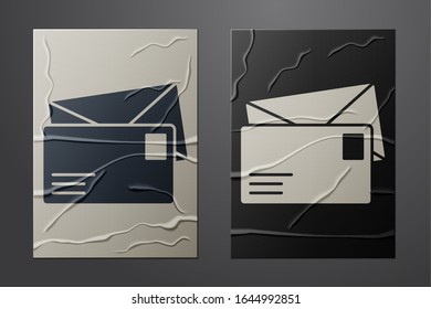 White Envelope icon isolated on crumpled paper background. Email message letter symbol. Paper art style. Vector Illustration