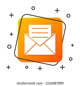 White Envelope with invitation card icon isolated on white background. Orange square button. Vector Illustration