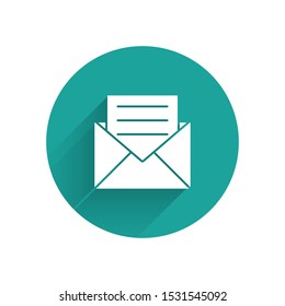 White Envelope with invitation card icon isolated with long shadow. Green circle button. Vector Illustration