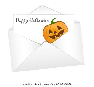 White envelope, letter, card with pumpkin jack o lantern, happy halloween wishes. Party invitation, flyer, booklet, letter, notice, sale advertisement. Place for text and copy space