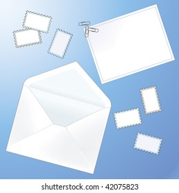 White Envelope and Letter Set with Stamps and Paper Clips on Blue Background. All elements on separate layers.