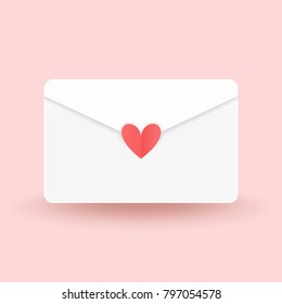 White envelope with love sticker on peach pink background. Valentine's Day concept. Paper cut flat design. Vector illustration