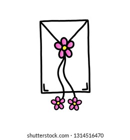 White envelope with lovely flowers,Hand drawn,Vector,Illustration.