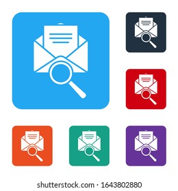 White Envelope mail with magnifying glass icon isolated on white background. Set icons in color square buttons. Vector Illustration