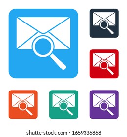 White Envelope mail with magnifying glass icon isolated on white background. Set icons in color square buttons. Vector Illustration