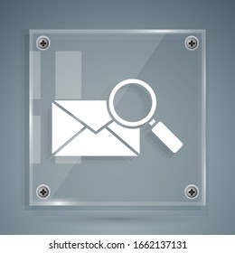 White Envelope mail with magnifying glass icon isolated on grey background. Square glass panels. Vector Illustration
