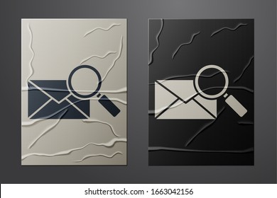 White Envelope mail with magnifying glass icon isolated on crumpled paper background. Paper art style. Vector Illustration