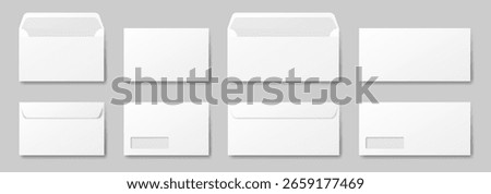White envelope mockup. Front and back side. Open and closed envelopes. Business correspondence. Address window. Small and large sizes