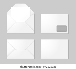 White envelope mockup set. Open with paper sheet and closed, front and back view. Vector illustration.