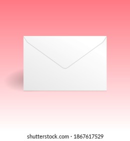 White envelope mockup template. Isolated on gradient pink background with shadow. Ready to use for your design or business. Vector illustration.
