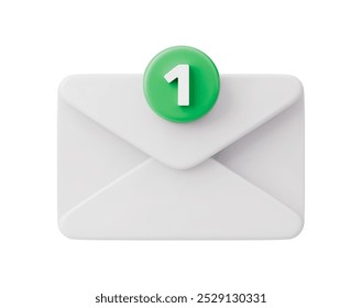 White envelope with number one icon. Render message notification with sing of new message. 3D realistic illustration of receiving letter, receiving letter isolated on a white background
