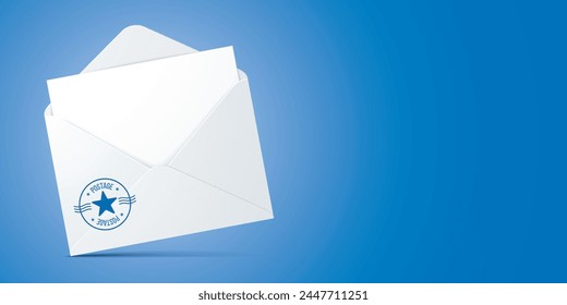 Sobre blanco con sello postal y una carta en blanco en el interior con espacio para copiar. Maqueta de Vector sobre un sobre de correo de pie sobre un fondo azul.