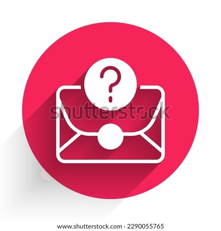 White Envelope with question mark icon isolated with long shadow. Letter with question mark symbol. Send in request by email. Red circle button. Vector