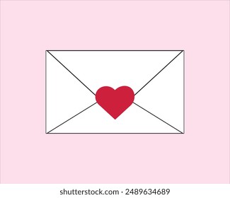 White envelope with a red heart in 2d style. Valentine's Day design element on pink background. Vector illustration. 