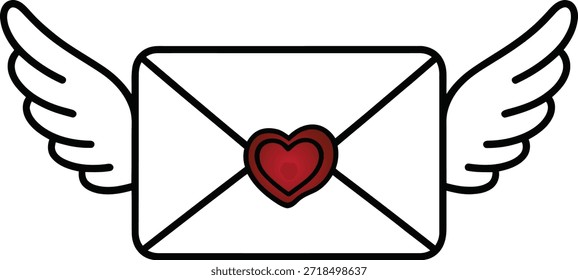 White envelope with red heart wax seal and wings love