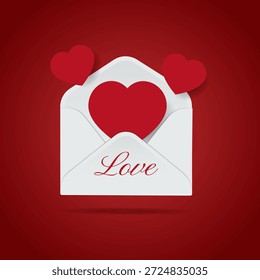 Un sobre blanco con corazones rojos. Los corazones vuelan fuera del sobre abierto. Ilustración vectorial
