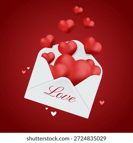 Un sobre blanco con corazones rojos. Los corazones están esparcidos por todo el sobre, y el sobre está abierto. Ilustración vectorial
