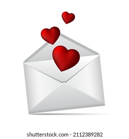 Weißer Umschlag und rote Papierherzen einzeln auf weißem Hintergrund. Valentinstag, Liebe, Jubiläumskonzept. Vektorgrafik