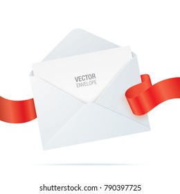 White Envelope With Red Ribbon And Blank Paper Inside, Isolated On A White Backgorund. Vector Envelope Realistic Mockup.