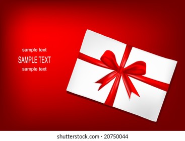 White envelope with red ribbon on dark red background, Christmas background