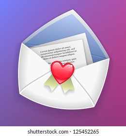 White envelope sealed by wax stamp as a heart. EPS10. This vector contains transparency.