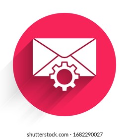 White Envelope setting icon isolated with long shadow. Red circle button. Vector Illustration