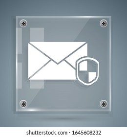 White Envelope with shield icon isolated on grey background. Insurance concept. Security, safety, protection, protect concept. Square glass panels. Vector Illustration