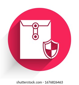 White Envelope with shield icon isolated with long shadow. Insurance concept. Security, safety, protection, protect concept. Red circle button. Vector Illustration