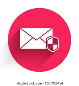 White Envelope with shield icon isolated with long shadow. Insurance concept. Security, safety, protection, protect concept. Red circle button. Vector Illustration