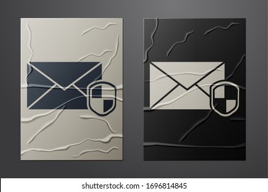White Envelope with shield icon isolated on crumpled paper background. Insurance concept. Security, safety, protection, protect concept. Paper art style. Vector Illustration
