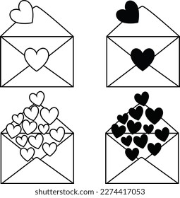 Sobre blanco con corazones negros pequeños. Mensaje de envoltura de correo de amor icono de corazón línea simple