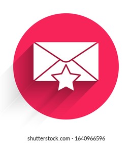 White Envelope with star icon isolated with long shadow. Important email, add to favourite icon. Starred message mail. Red circle button. Vector Illustration