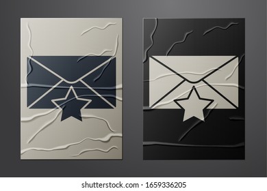 White Envelope with star icon isolated on crumpled paper background. Important email, add to favourite icon. Starred message mail. Paper art style. Vector Illustration