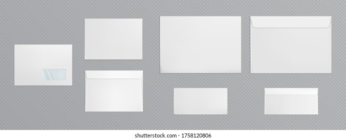 White Envelope Template. Vector Realistic Mockup Of Blank Closed Envelopes With Transparent Window, Letter Covers Front And Back View. Mock Up Of Paper Folder For Business Documents And Messages